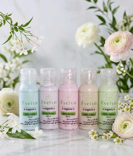 مینی لوسیون بدن ارگانیک Evelyn – organic Mini Body Lotion مناسب کیف و سفر، سبک و خوشبو با جذب فوری